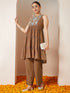 Janasya Women's Brown Georgette Embellished Tiered Kurta With Palazzo Set
